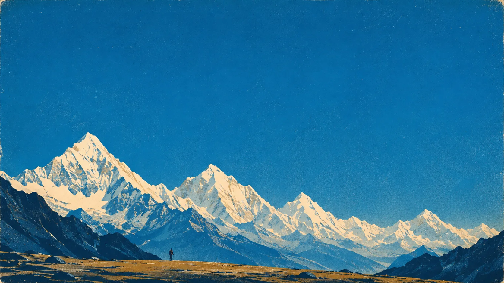 A vast blue sky above snow-capped Himalayan mountains, with a tiny solitary figure in a high-altitude meadow.