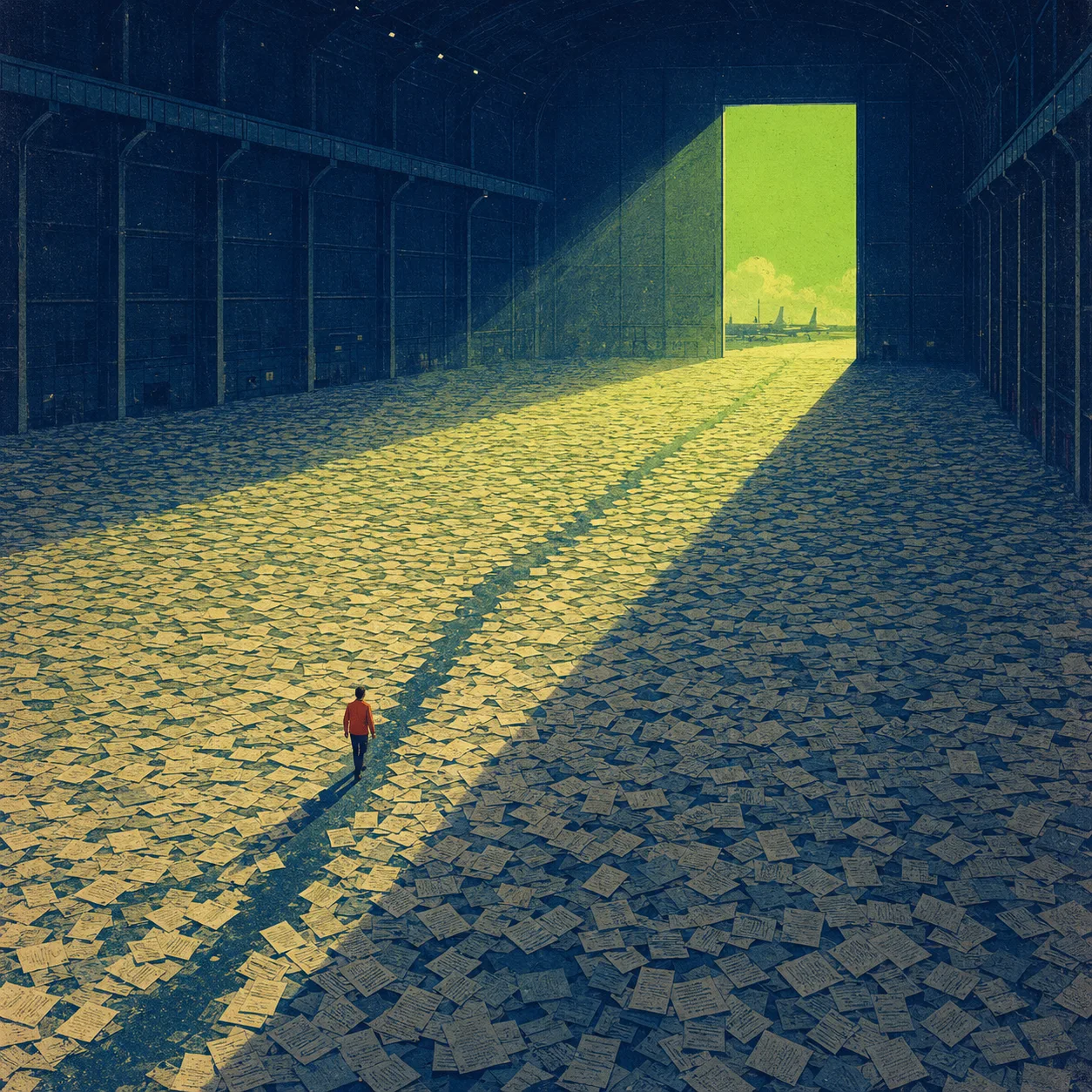 Thousands of pages covering an aircraft hangar floor, with one researcher walking between them.