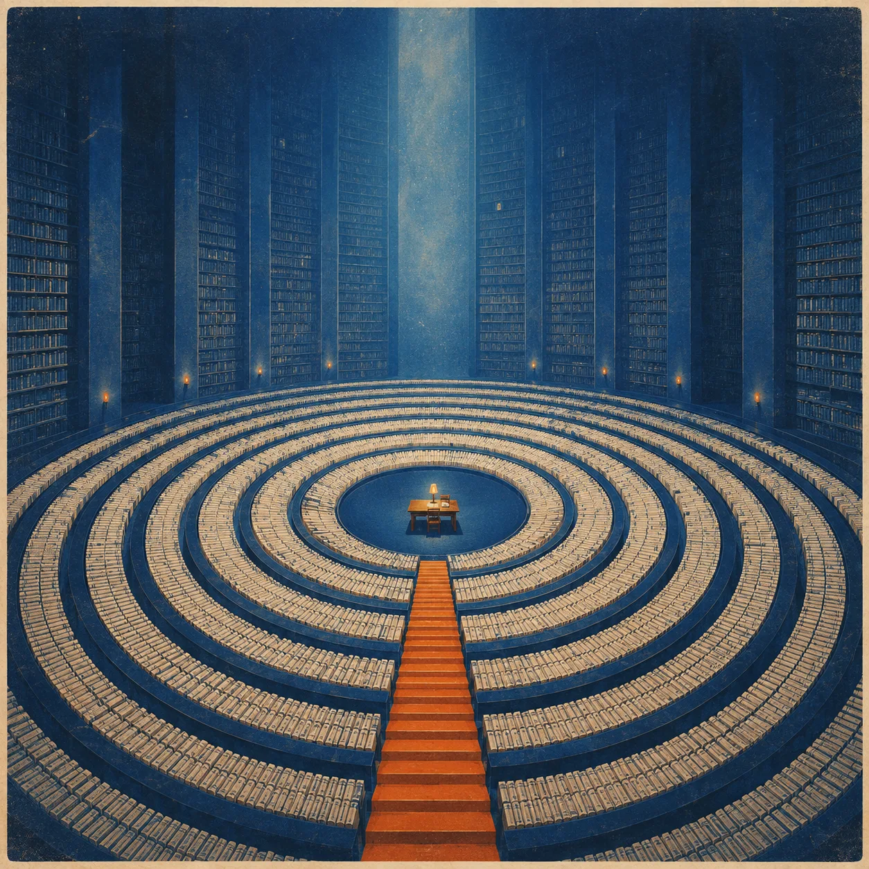 A small reading desk at the center of an immense circular library crossed by an orange staircase.