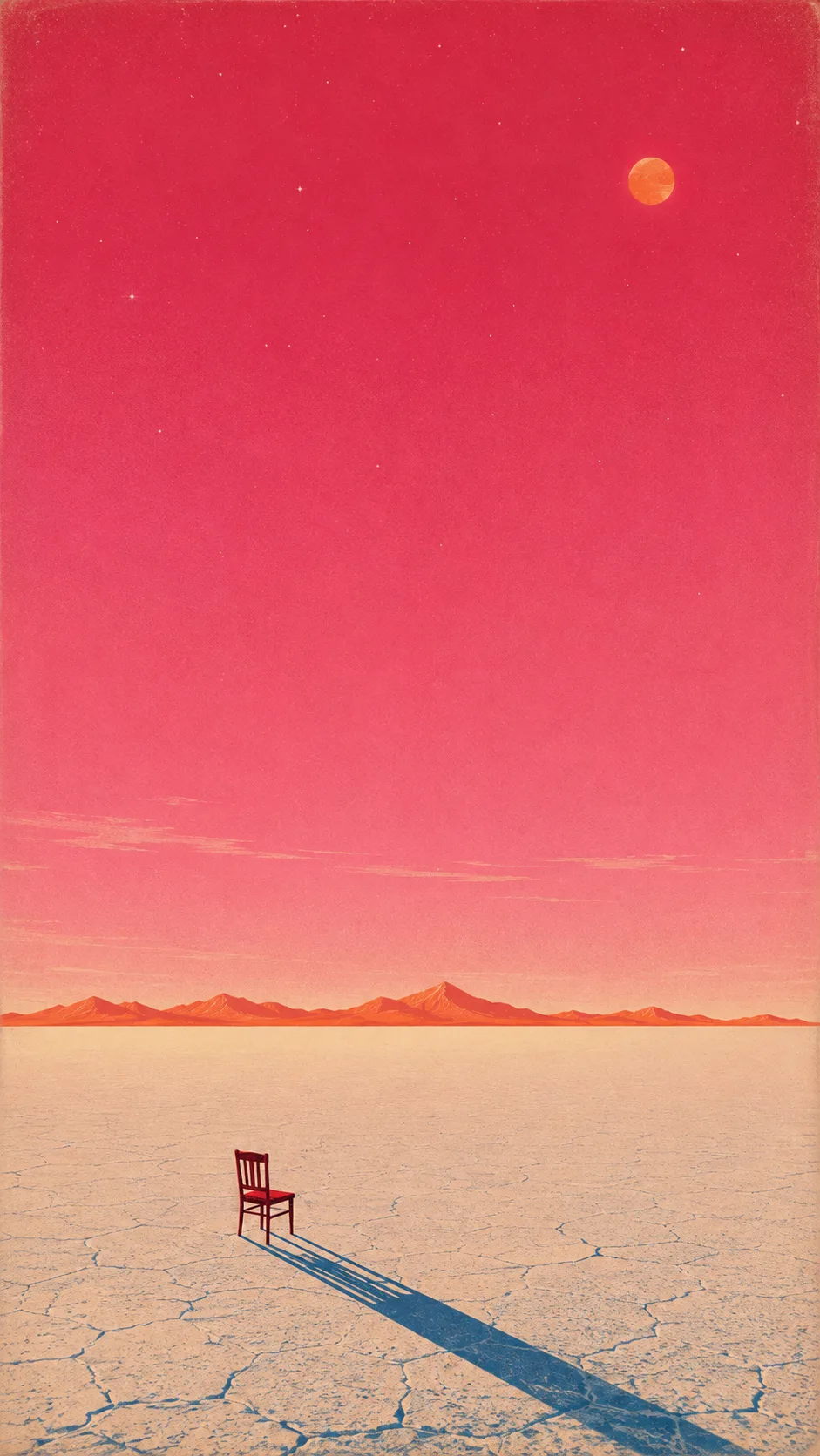 A red dining chair standing alone on an immense salt plain beneath a saturated magenta sky.