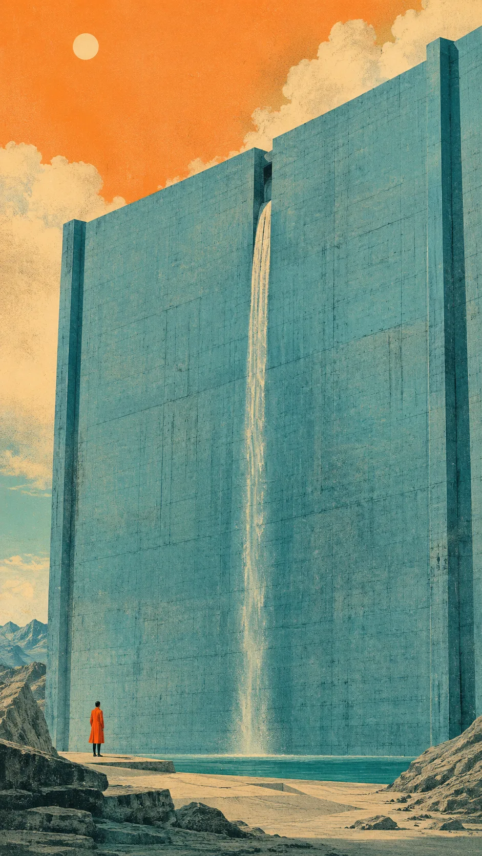 A lone person in an orange coat standing beneath a colossal cyan concrete dam.