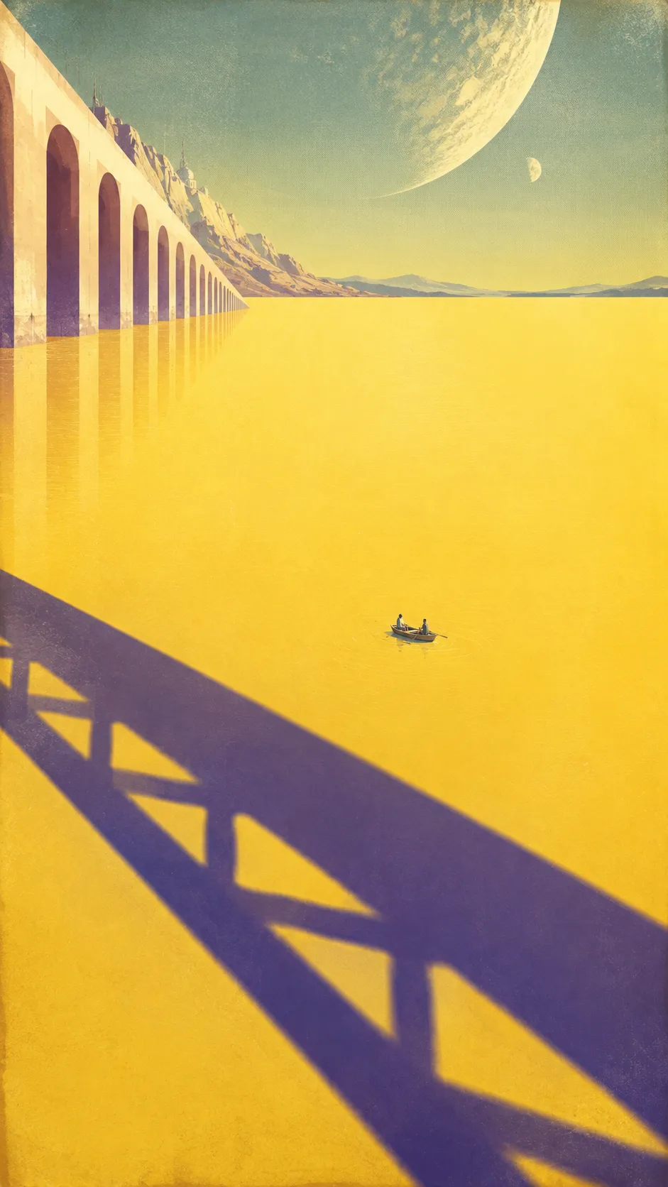 A small wooden rowboat floating in an enormous yellow reservoir beneath the shadow of a bridge.