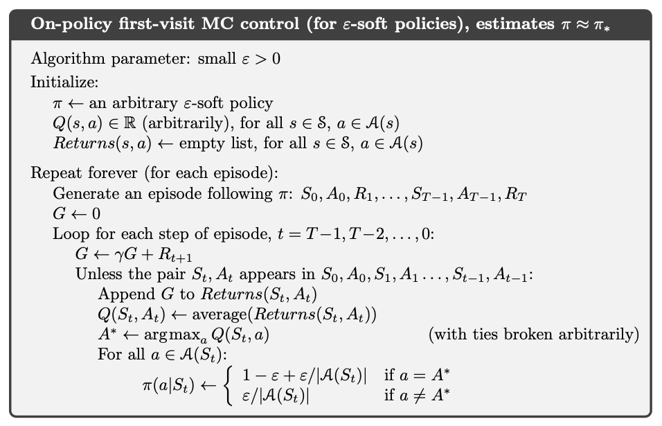On policy first-visit MC control (for \epsilon-soft policies), estimates \pi \approx \pi_*