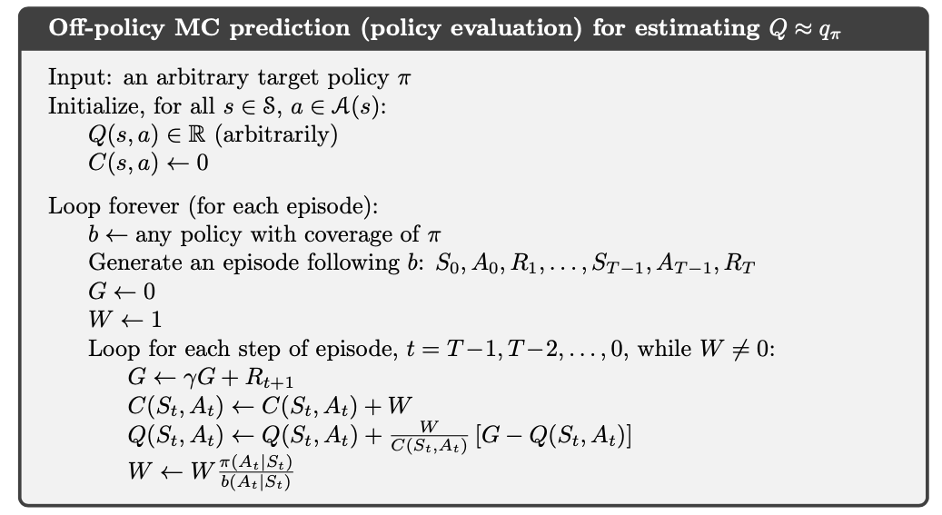 Off-policy MC Prediction (policy evaluation) for estimating Q \approx q_\pi