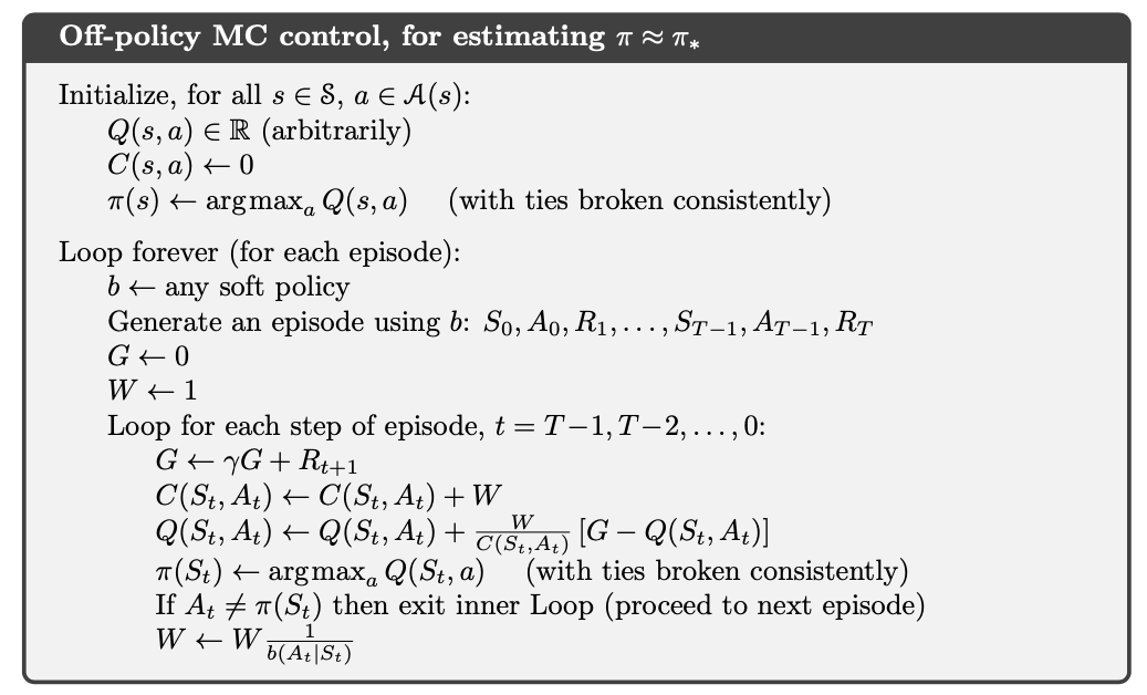 Off-policy MC control for estimating \pi \approx \pi_*