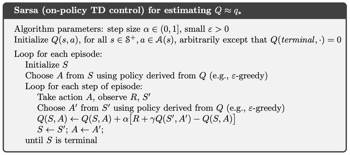 Sarsa (On-policy TD Control) for estimating Q \approx q_*